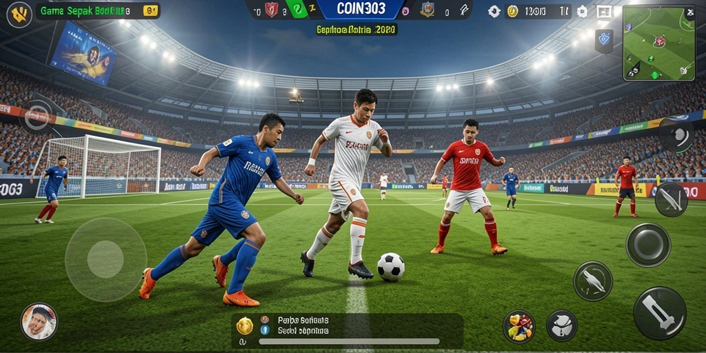 Tampilan gameplay seru dari COIN303 dengan ilustrasi pertandingan sepak bola yang mendebarkan.