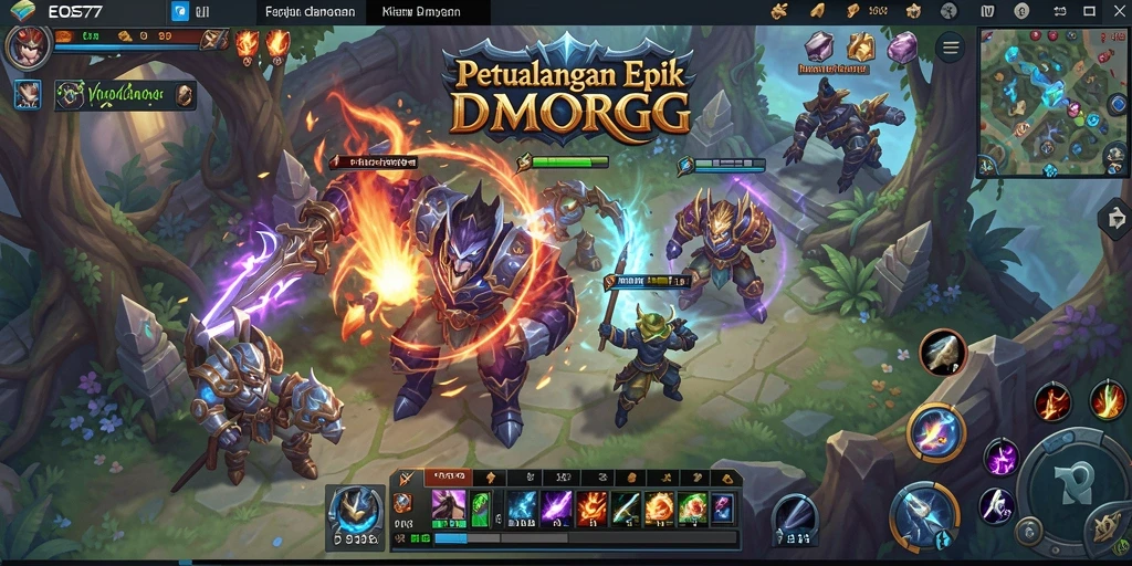Screenshot utama EOS77 menampilkan pertarungan epik dalam dunia MMORPG.