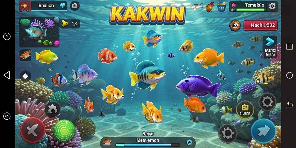 Screenshot gameplay KAKWIN yang menunjukkan aksi menangkap ikan.