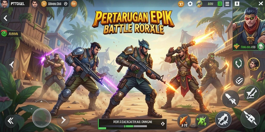 Tangkapan layar utama PTTOGEL menampilkan aksi pertempuran di medan perang.
