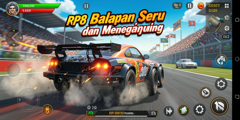 Screenshot utama RP8 menampilkan aksi balapan yang mendebarkan di trek yang menantang.