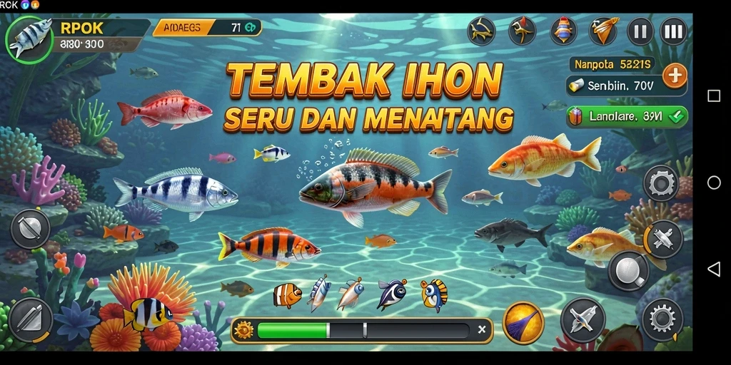 Screenshot gameplay RPOK yang menunjukkan aksi seru menembak ikan.