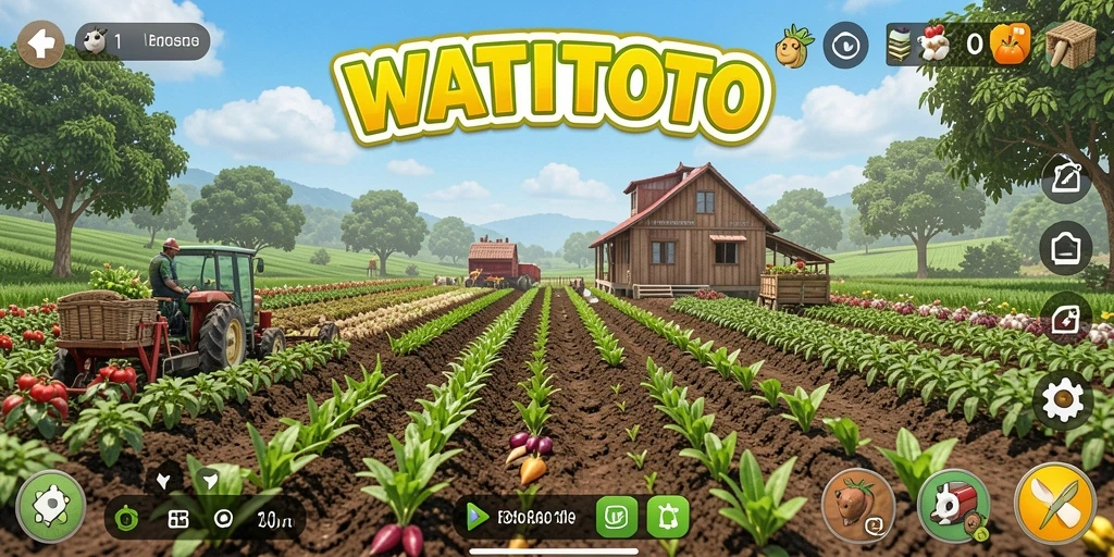 Tangkapan layar WATITOTO menunjukkan kebun penuh tanaman dan hewan yang bahagia.