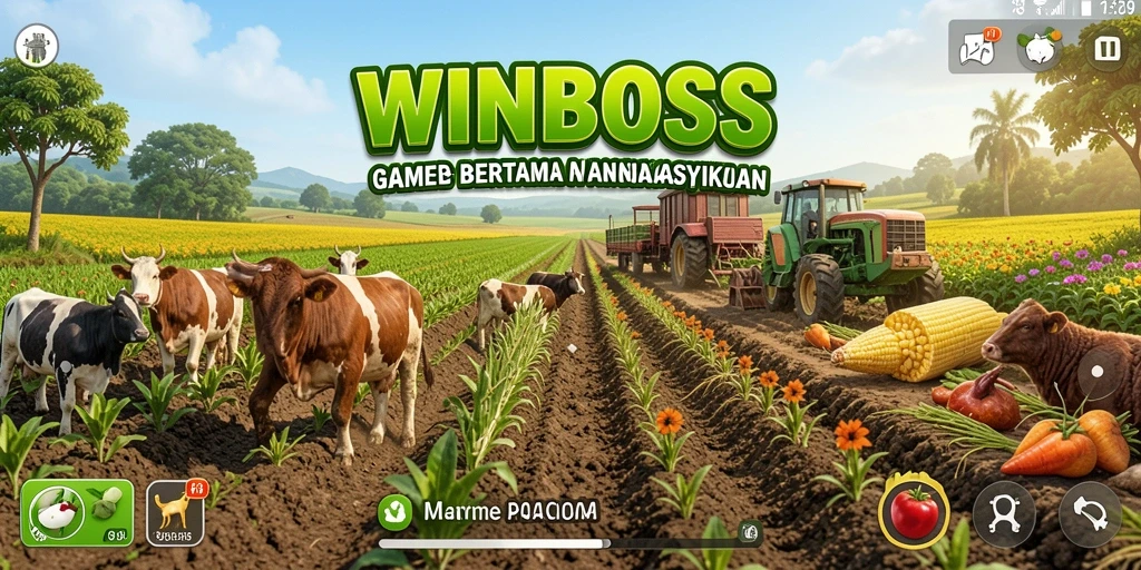 Tangkapan layar WINBOSS memperlihatkan aktivitas bertani yang seru dan interaksi hewan.